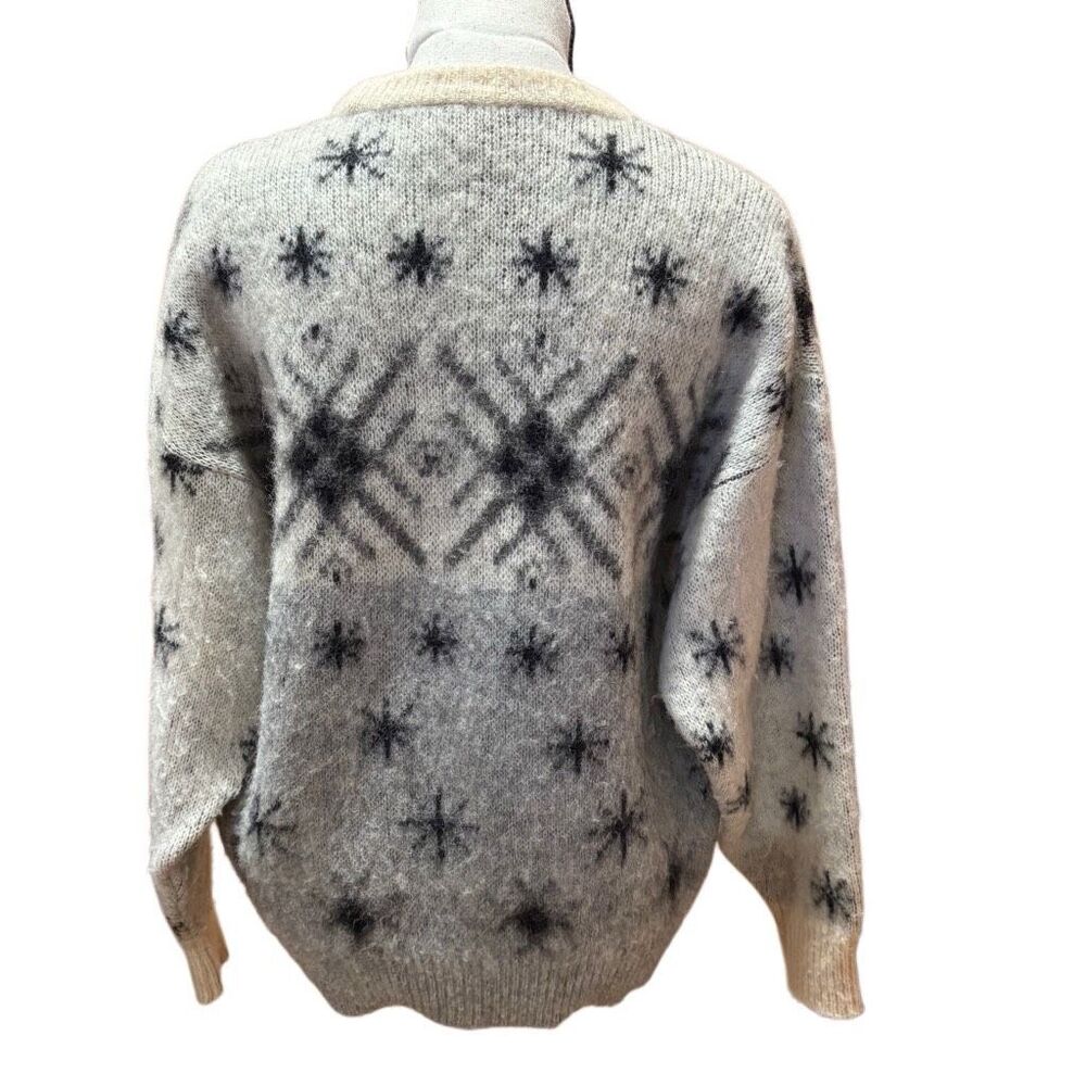 Samband of Iceland Vintage Wool Sweater Grey Black Snowflake Ribbed Trim Men Med - Picture 5 of 9